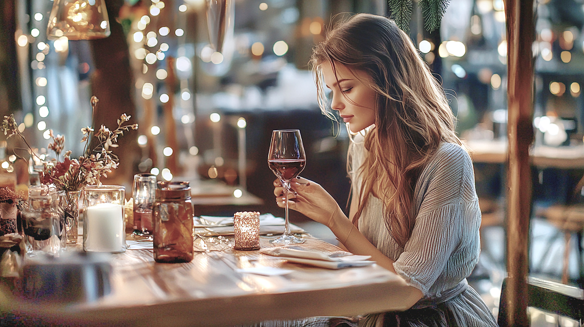 Девушка после пластической операции пьет вино в ресторане