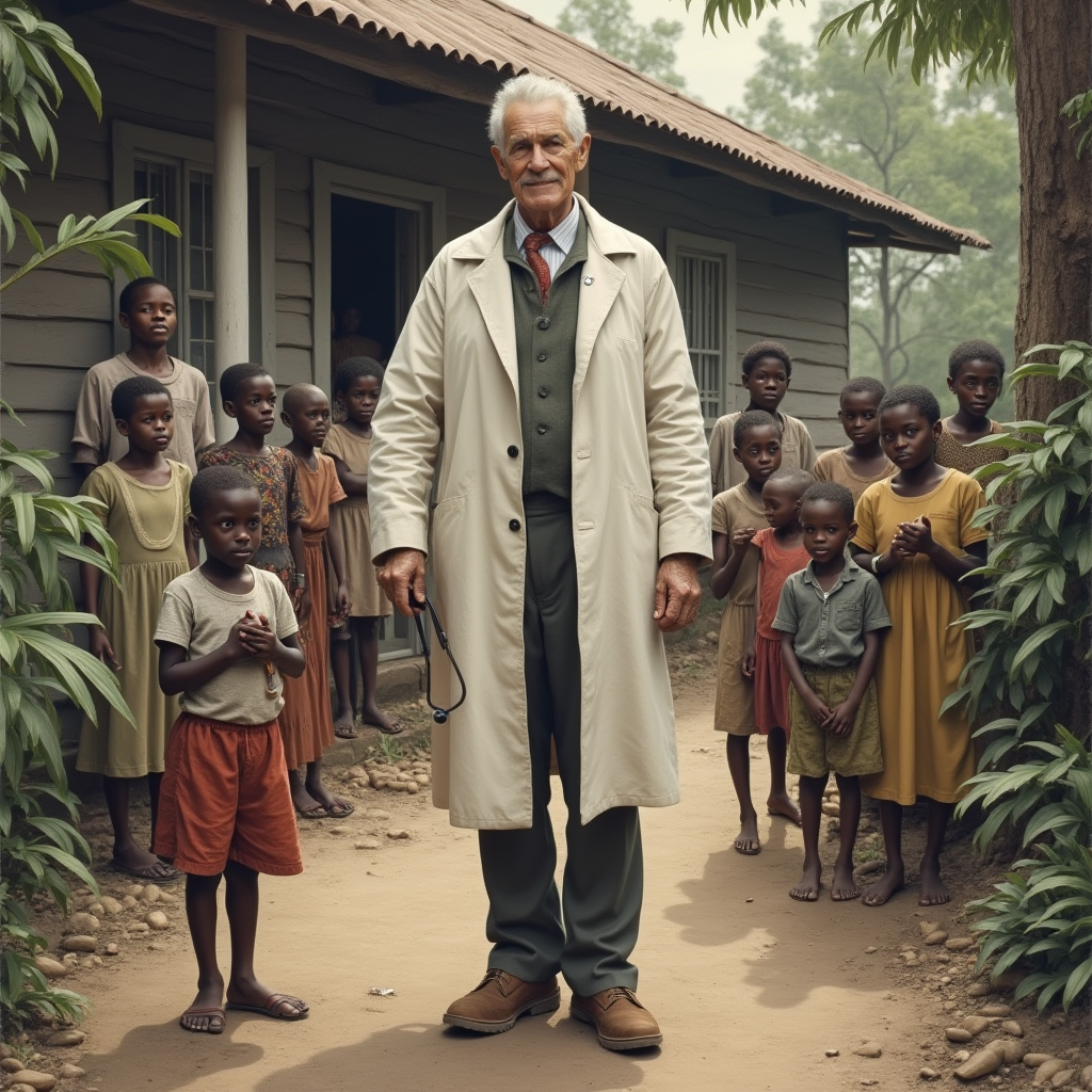 Альберт Швейцер стоит у входа в свою больницу, окружённый местными жителями, символизируя его миссию помощи.