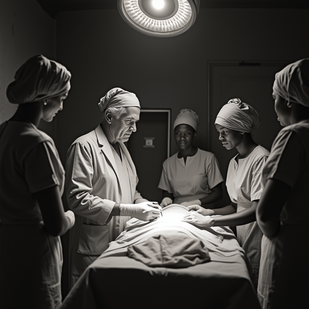 Швейцер проводит операцию в простой операционной, отражая его самоотверженность и приверженность делу.