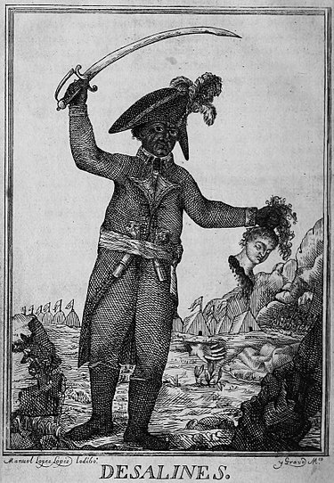 Гравюра с изображением Жан-Жака Дессалина 1806 года. На ней изображен генерал с поднятой саблей в одной руке, а в другой отрубленная голова белой женщины
