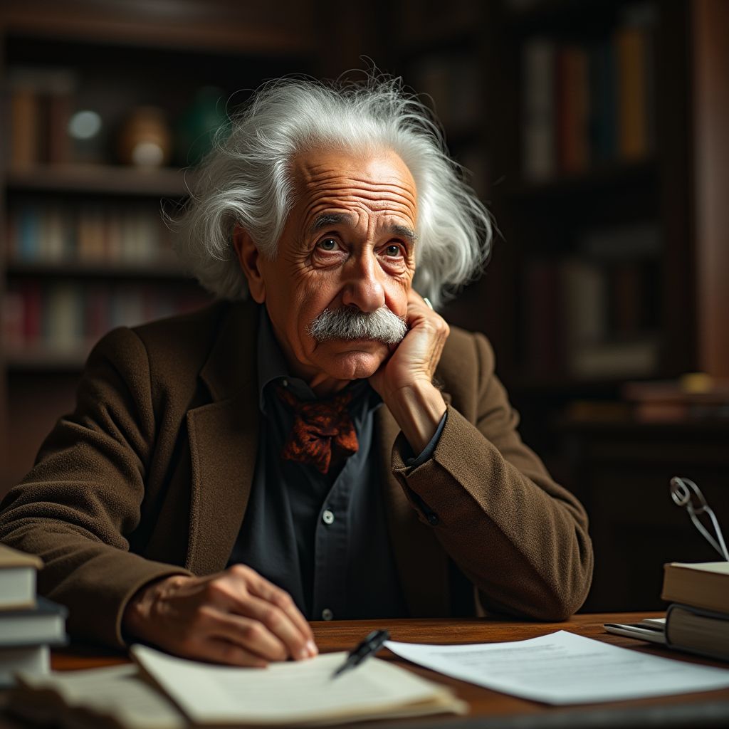 Эйнштейн в своей рабочей обстановке, размышляющий о науке и ядерной политике. Его лицо выражает спокойствие и мудрость