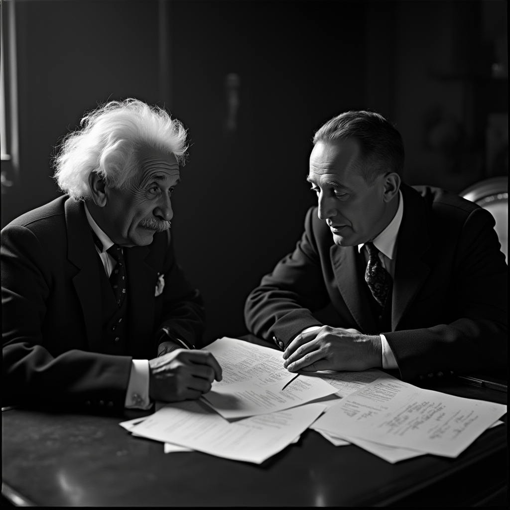 Эйнштейн и Лео Силард обсуждают письмо Рузвельту о необходимости разработки ядерного оружия в ответ на нацистскую угрозу.