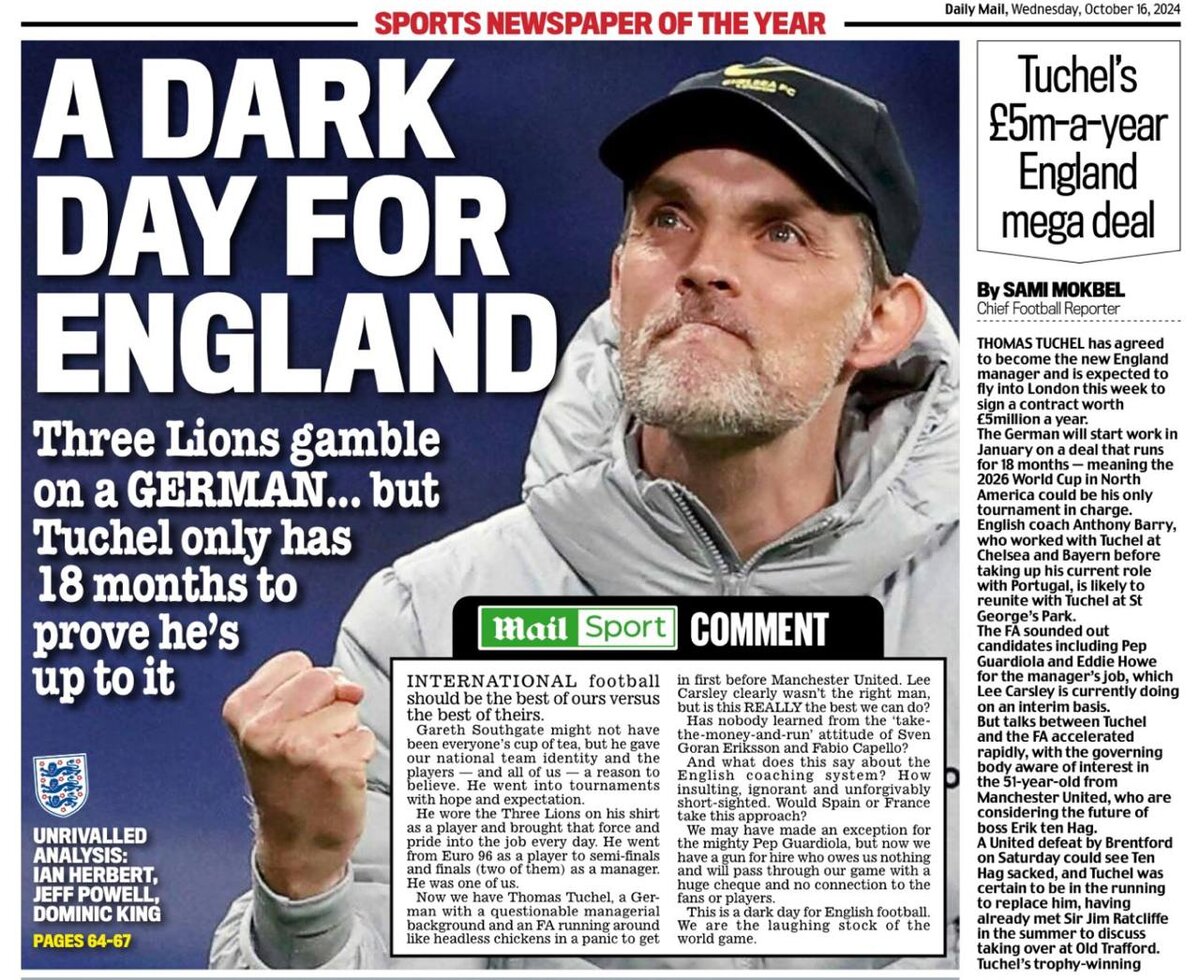 Британская пресса встретила Тухеля совсем не приветливо.