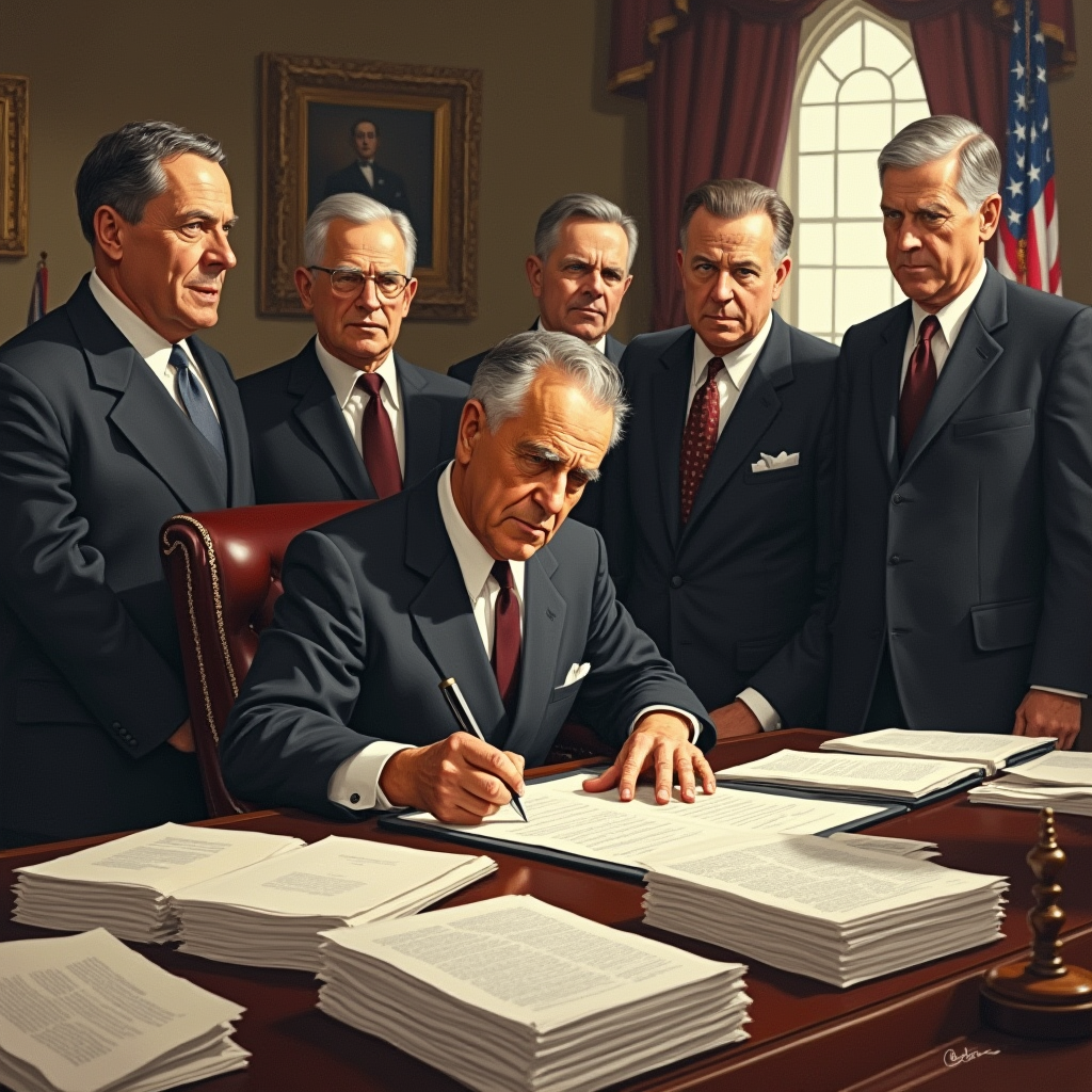  Франклин Рузвельт подписывает важный законопроект "Нового курса" в Овальном кабинете, символизирующий начало крупных реформ.