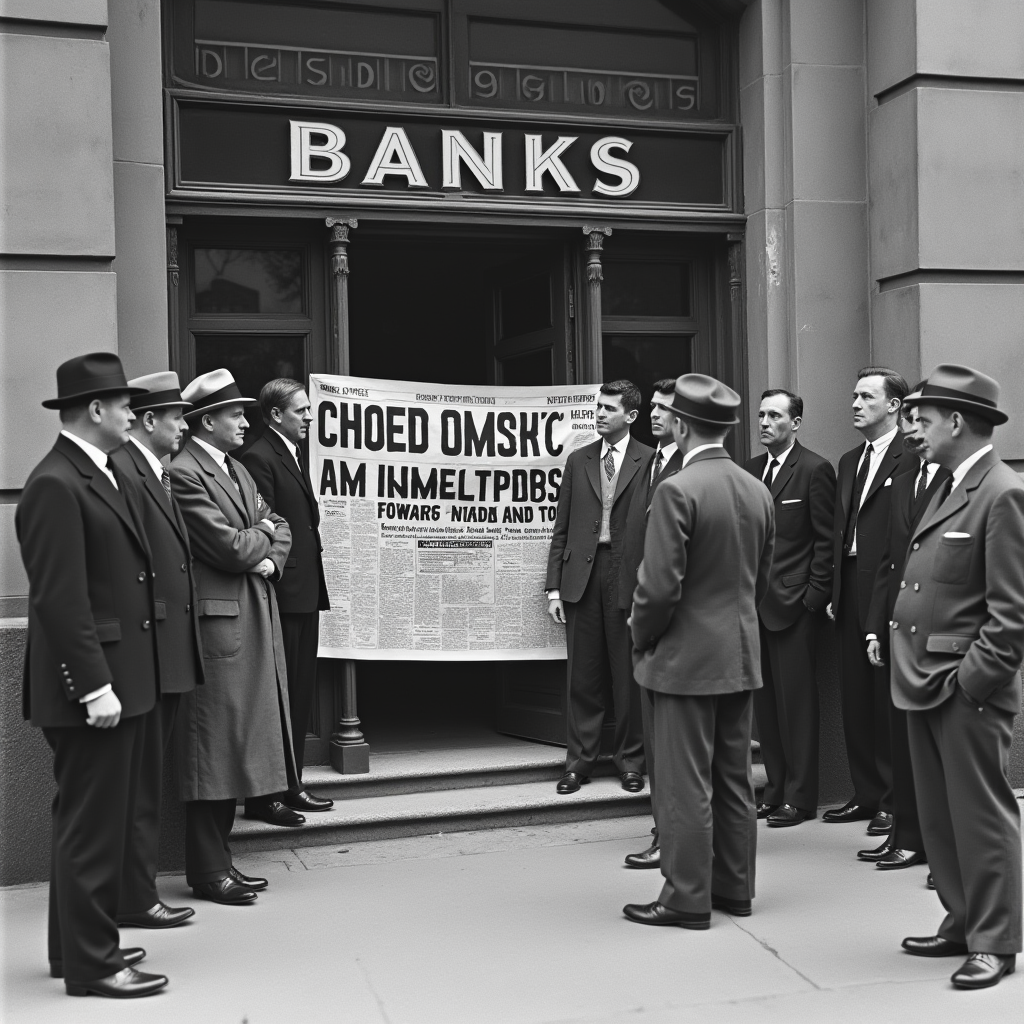 Иллюстрация краха банков в годы Великой депрессии, а на фоне — надежда на восстановление с реформами Рузвельта.