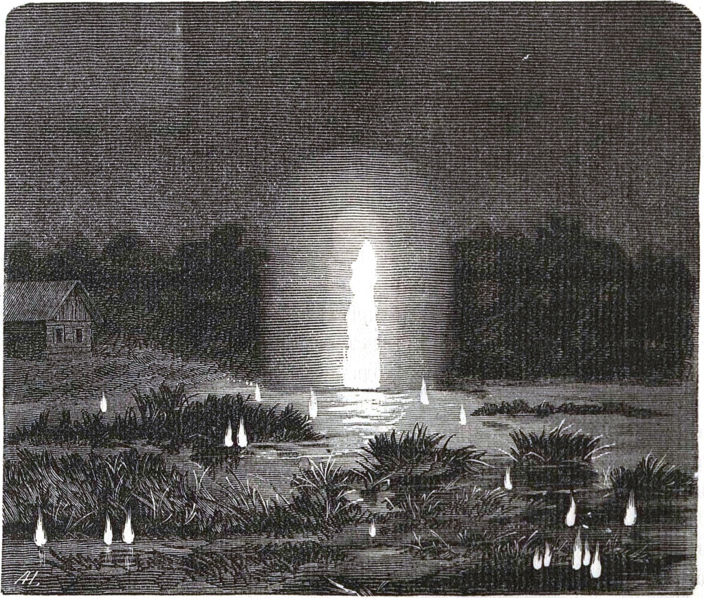 Гравюра «Блуждающий огонь, виденный Рохом у Реддерна, в Нижнем Лаузице» (Н.И. Зуев «Иллюстрированная популярная физическая география в трех частях», С-Петербург, 1873)