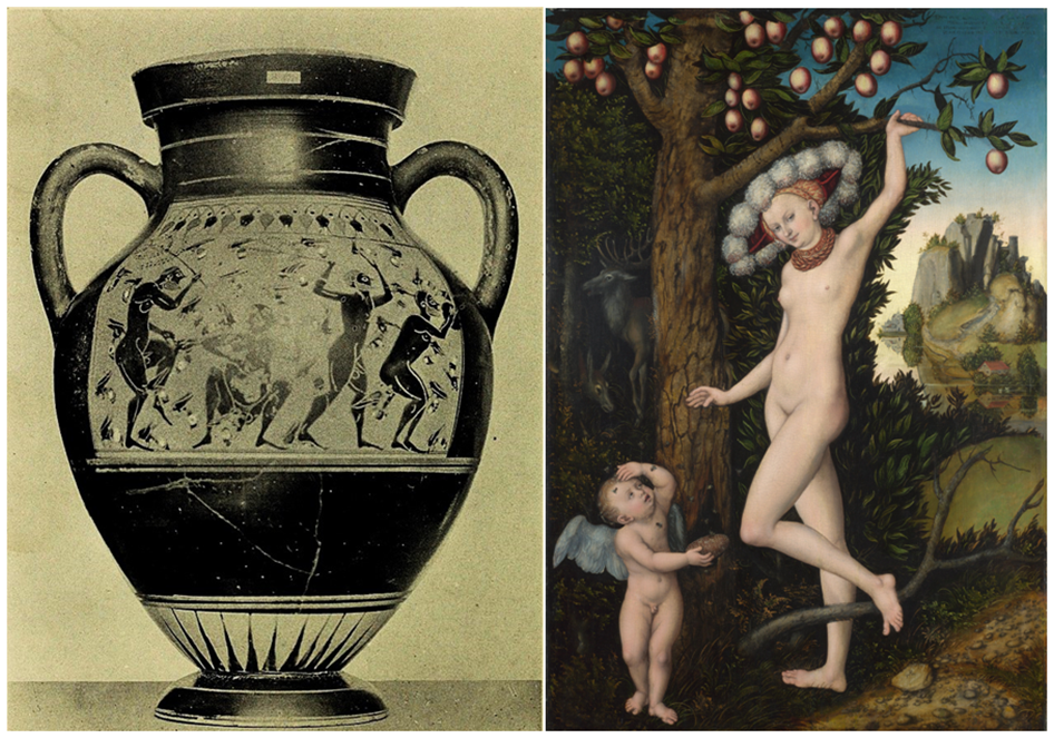 Чернофигурная амфора из Вульчи, находящаяся в Британском музее, а также картина Лукаса Кранаха Старшего – «Купидон жалуется Венере» (1526-1527 гг.)