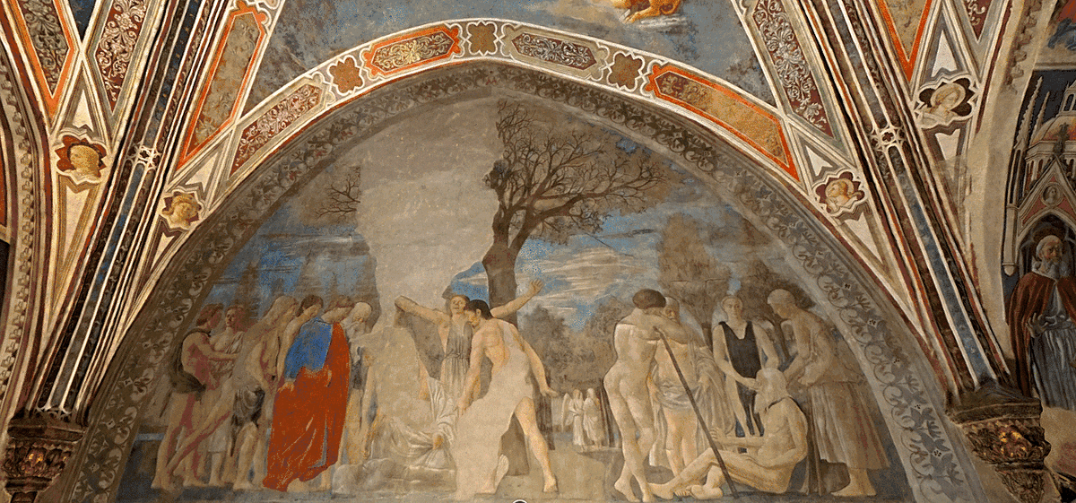 Пьеро делла Франческа, «Легенда о Животворящем Кресте», 1452–1466, цикл фресок в церкви Сан-Франческо в Ареццо, Италия. Легенда взята из книги XIII века «Золотая легенда» и повествует о дереве из Эдемского сада, которое в итоге стало крестом, на котором был распят Иисус