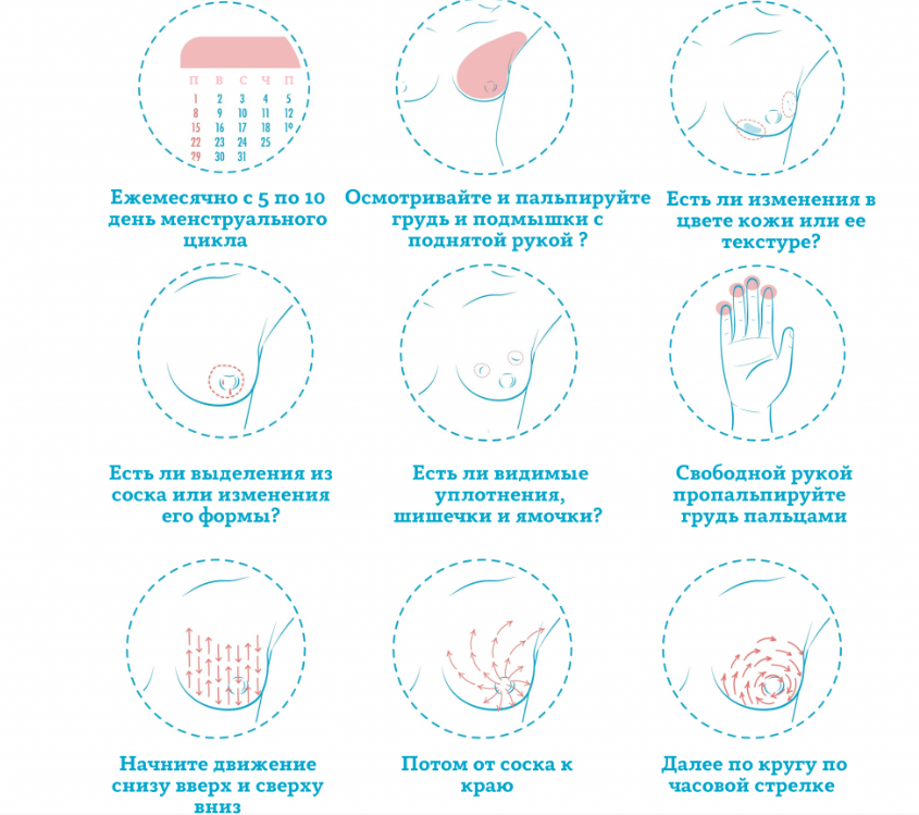 Проводить постоянное самообследование молочных желез. Техника довольно простая — раз в месяц (желательно в начале цикла) осматривать молочные железы. 