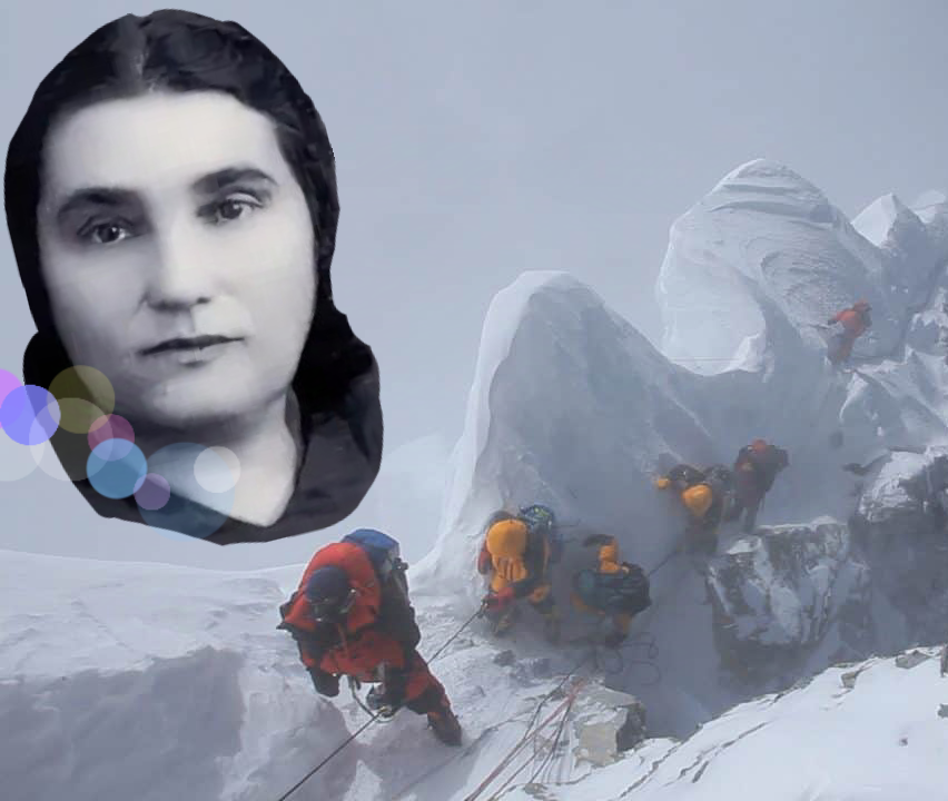 Коллаж к "Крутому маршруту" -  портрет Е. Гинзбург на фоне альпинистов, покоряющих Эверест