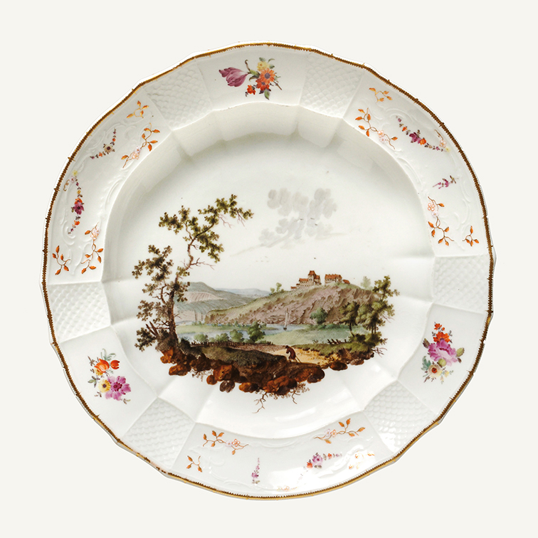 Замок Фюрстенберг и Фарфоровая мануфактура около 1760 года, картина Паши Иоганна Вайча, тарелка из сервиза для герцога Карла I Брауншвейг-Вольфенбюттельского.