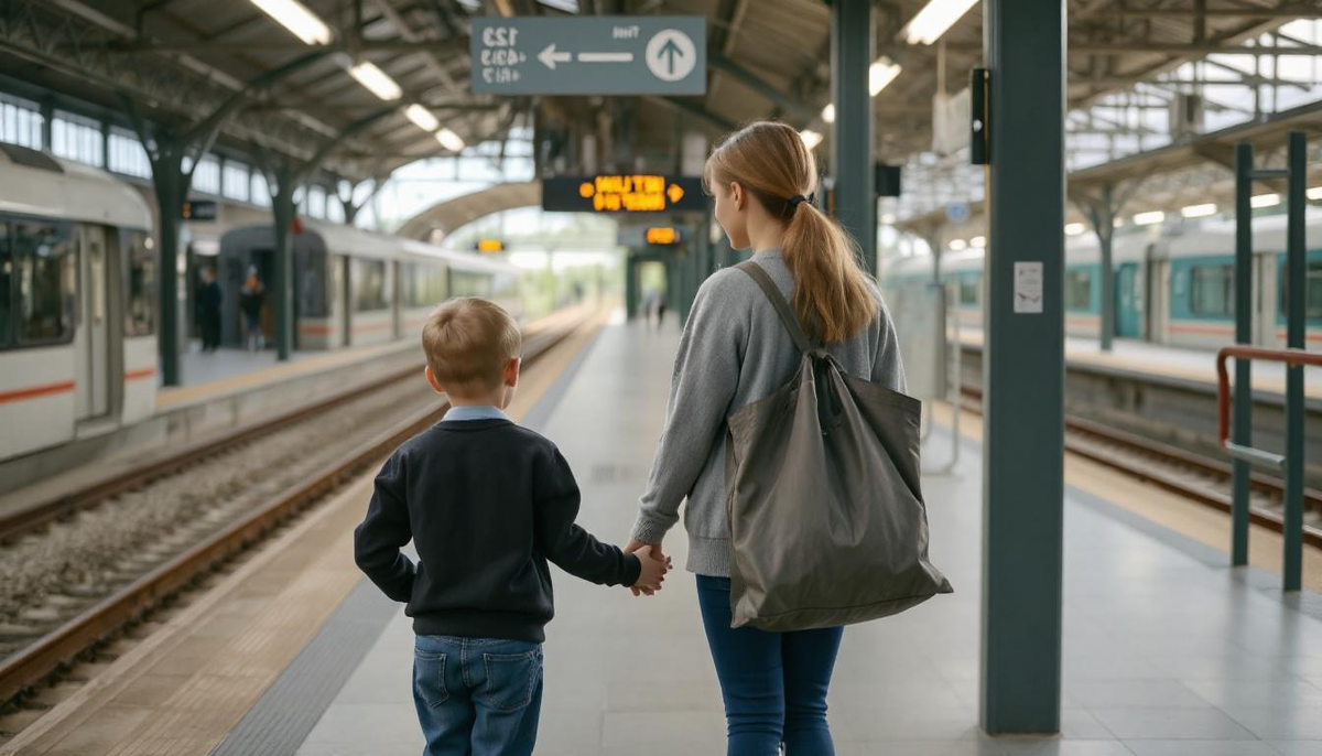 Девушка стоит на перроне и держит мальчика за руку.