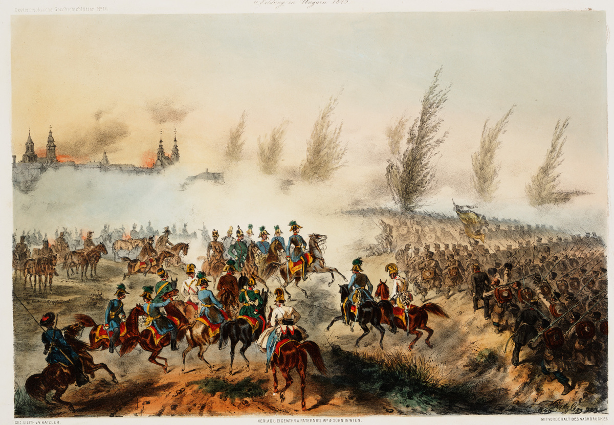 Битва при Дьере 28 июня 1848 года (худож. Винценц Кацлер). Австрийский император Франц Иосиф I входит в Дьер во главе австрийских войск.