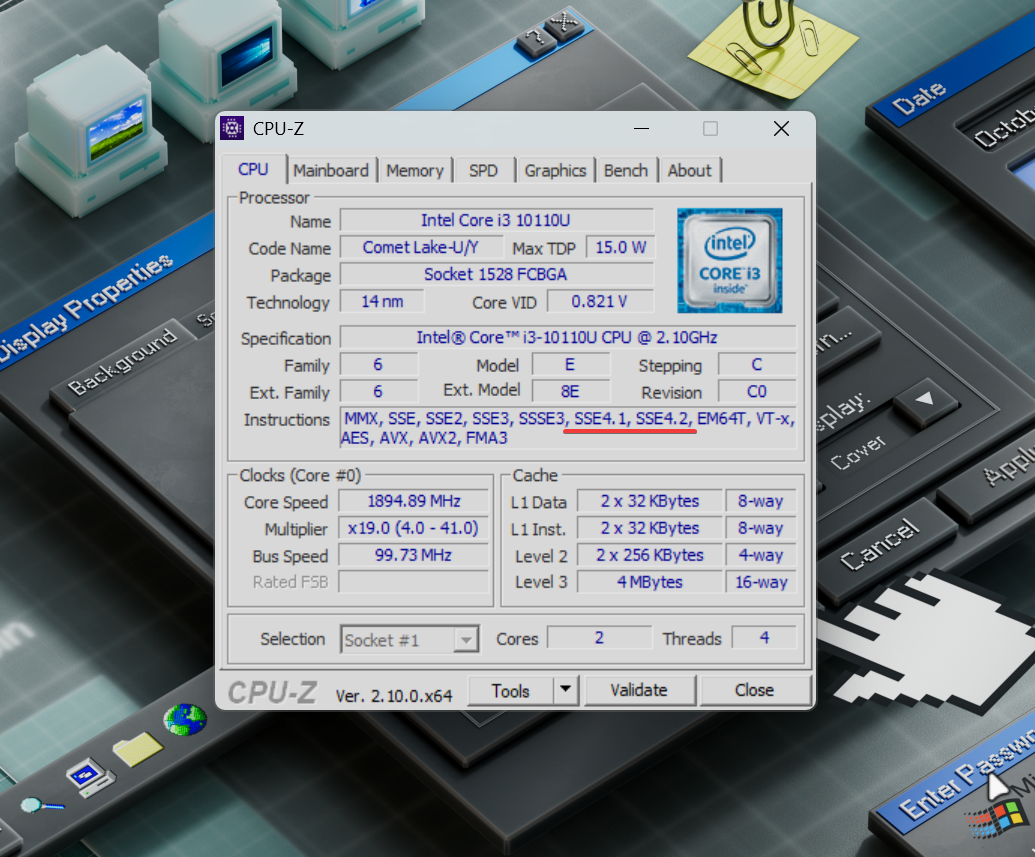 Запустите CPU-z и убедитесь, что процессор поддерживает инструкции SSE4.2 (Intel) или SSE4A (AMD / Дзен.Уловка-32