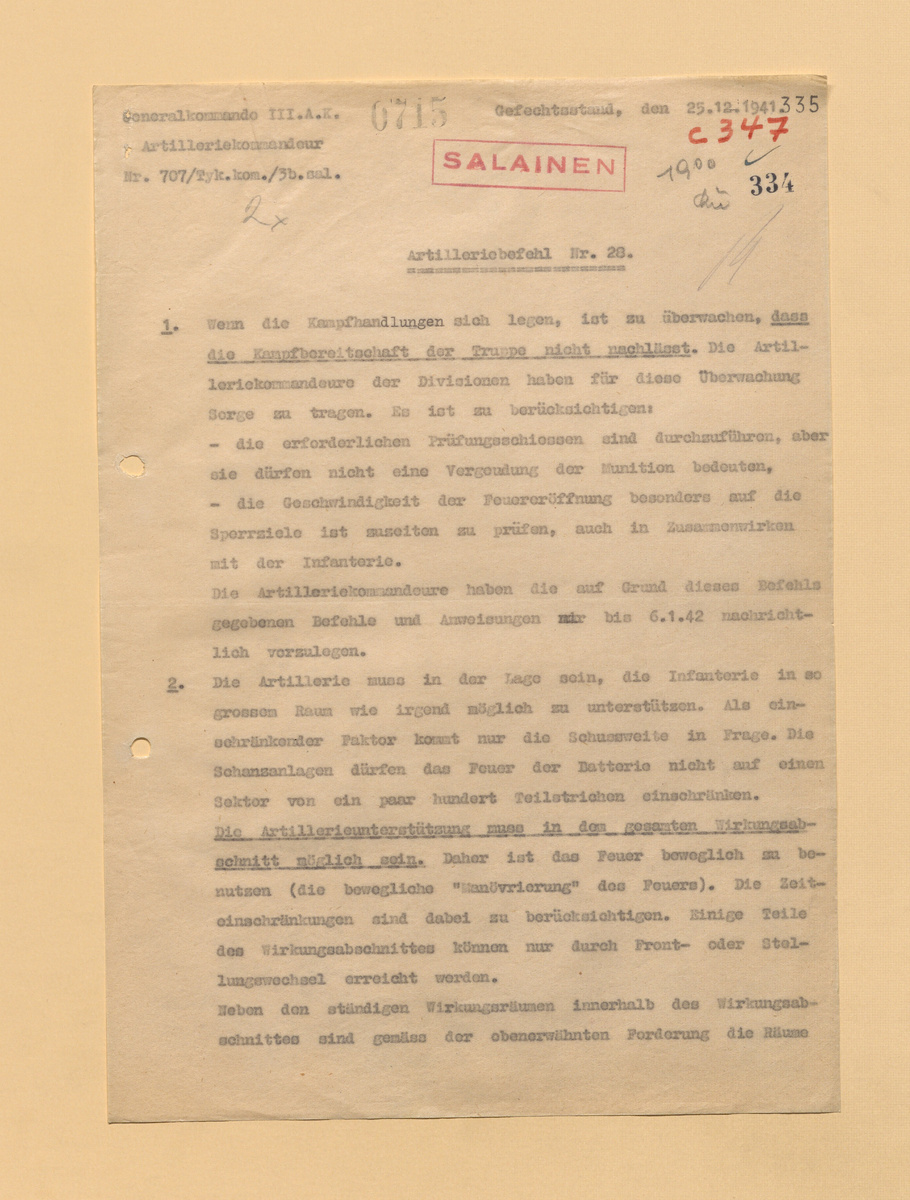 В связи с затиханием боевых действий постоянно следить за тем, чтобы боеготовность войск не cнижалась. Для этого: проводить учебные стрельбы, но без растраты боеприпасов; проверять скорость открытия заградительного огня; тренировать быструю смену огневых позиций и т. п.