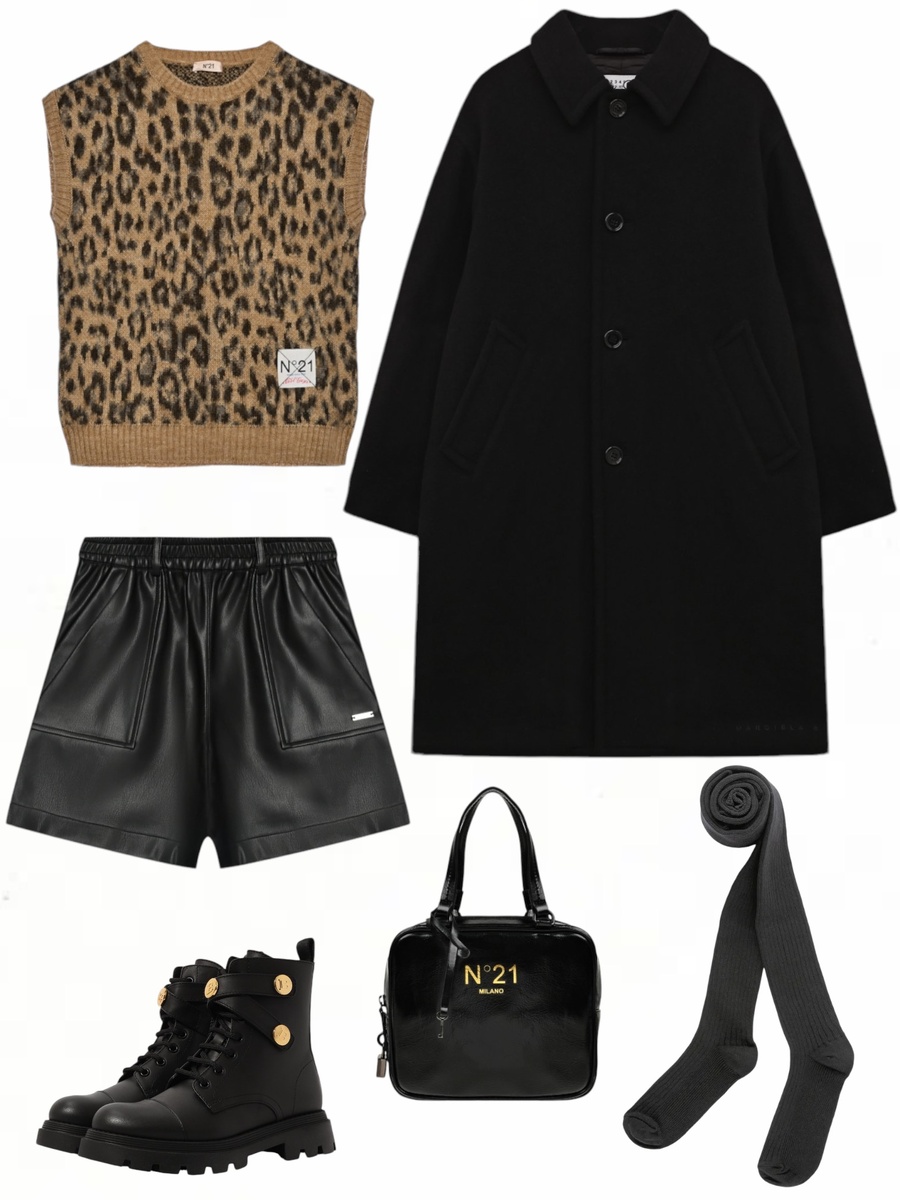 Колготки Peppy Woolton, жилет и сумка N21, шорты Monnalisa, пальто MM6, ботинки Balmain
