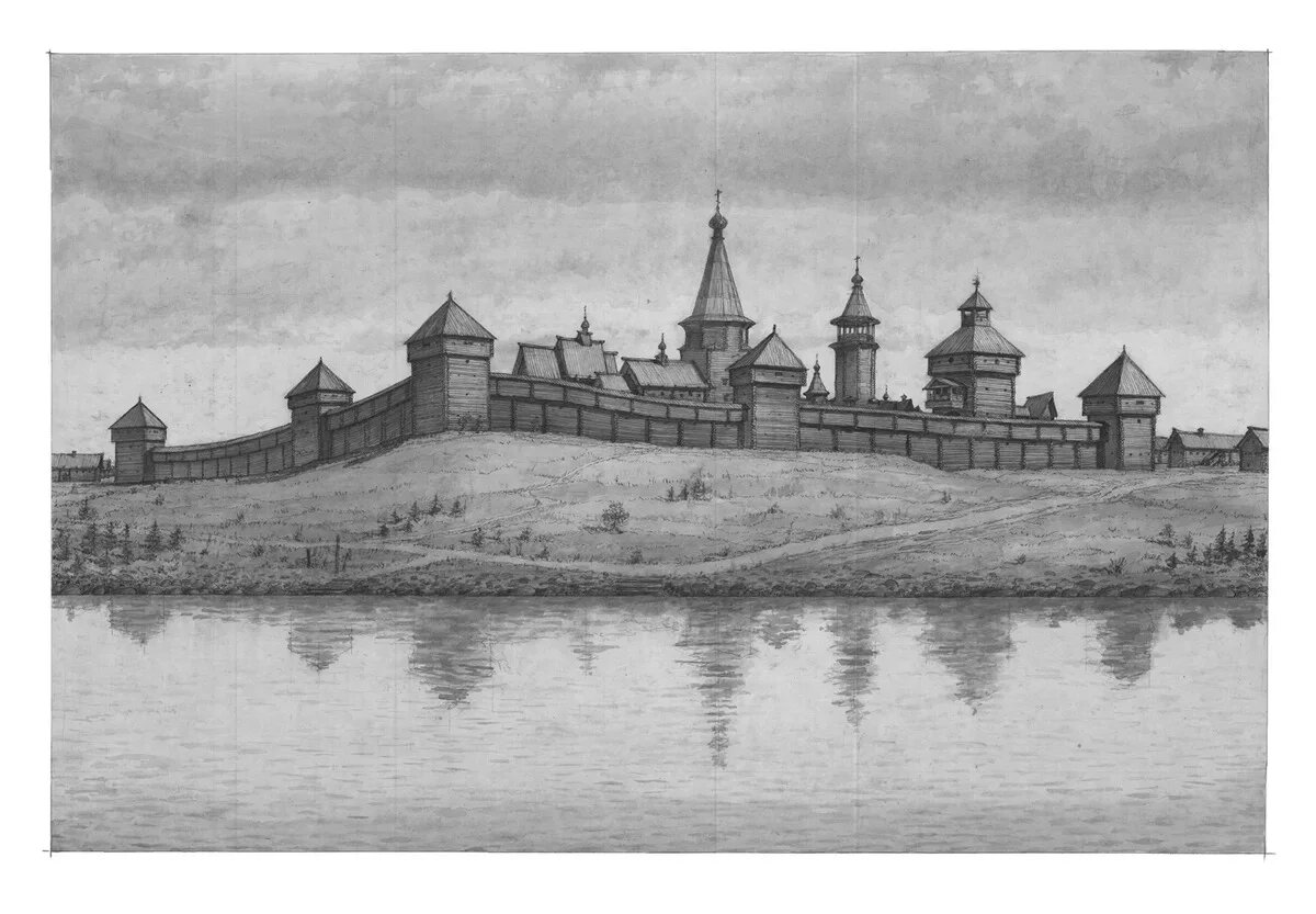 Илимский острог. 1667 г. Из книги А. Ополовникова «Сокровища русского севера». 