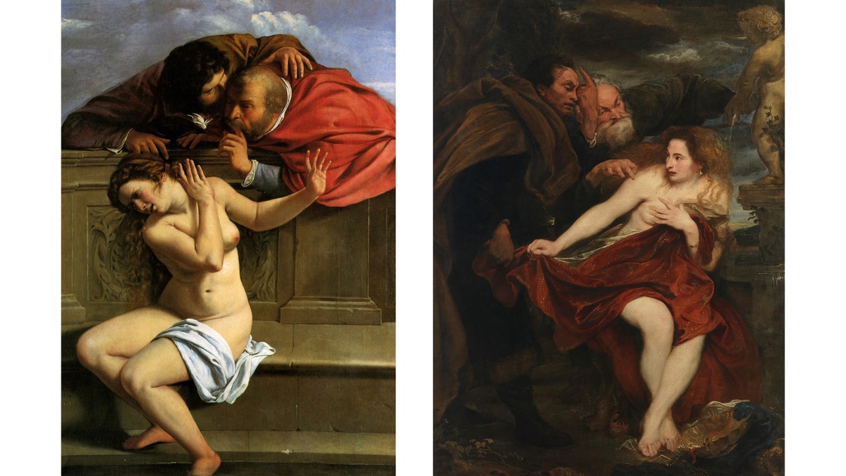 Слева: Артемизия Джентилески. Сусанна и старцы, 1610. Замок Вайссенштайн, Поммерсфельден.
Справа: Антонис ван Дейк. Сусанна и старцы, 1626. Баварские государственные собрания картин