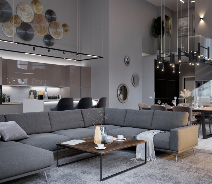 В просторной кухне-гостиной поместится даже большой диван для всей семьи и гостей