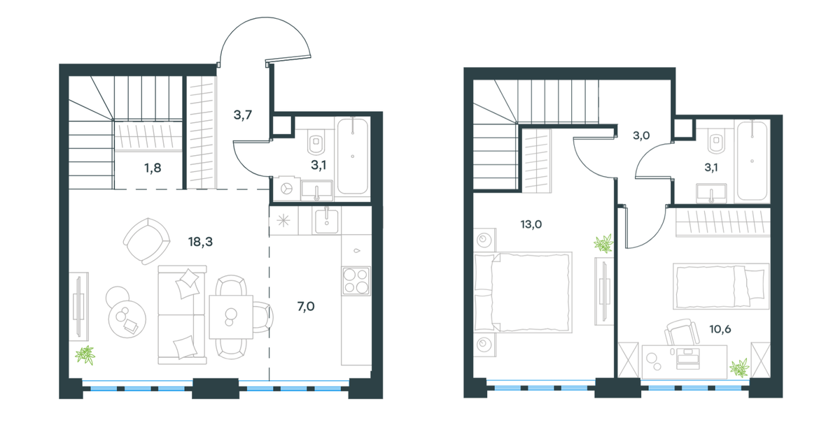 Трёхкомнатная квартира 63,6 кв. м — второй уровень можно разделить на уютную спальню и рабочий кабинет