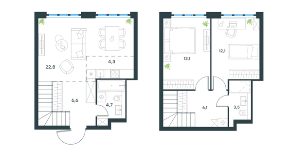 Трёхкомнатная квартира 73,2 кв. м — на втором уровне можно обустроить две просторные спальни