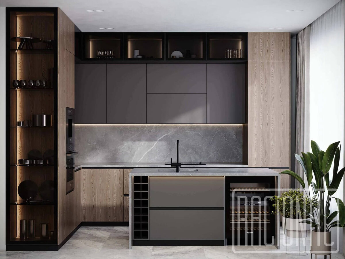 Кухня фасады МДФ эмаль, экошпон, черный металлический узкий профиль