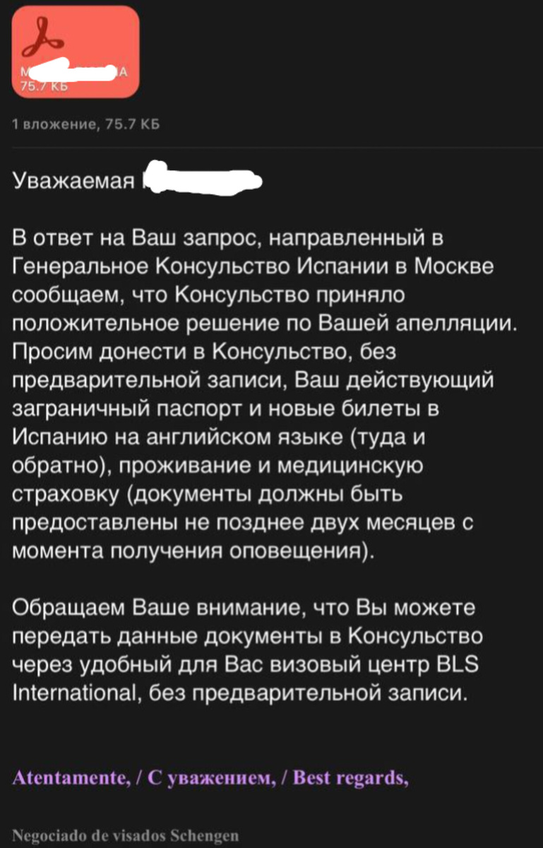 Пример ответа от Консульства на положительное решение по апелляции отказа в визе