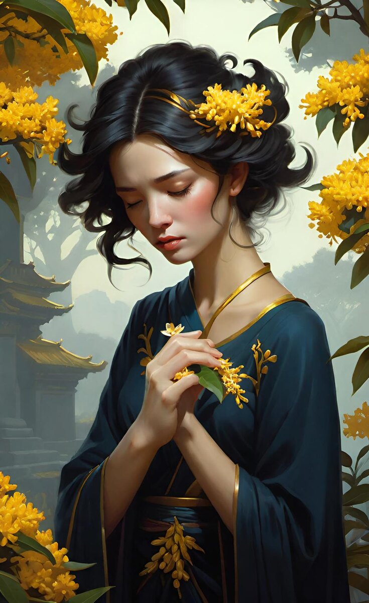 Золото османтуса. Иллюстрация создана с помощью нейросети DreamAI.