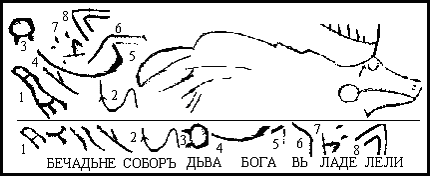 1.	«Животные 	из пещеры Колдуна. 	В пещере Колдуна можно видеть изображения 	различных животных на стенах. Остановимся 	пока на одном из них — на рисунках, 	«выполненных 	в “размашистом” стиле тонкими 	гравировками, явно относящихся к иному 	историко-хронологическому периоду, 	скорее к эпохе энеолита-бронзы. В пользу 	этого мнения свидетельствует изображение 	человека в скорченном положении, как 	бы иллюстрируя трупоположение в могиле, 	характерное для ямно-катакомбного 	времени», 	рис. 23 [1, с. 79-80]. Здесь, как видим, совершенно 	иной сюжет. Сопровождающих 	подписей как будто бы нет, однако изгибы 	оленя представляют собой слоговые 	знаки. Текст гласит: МАРАЛ (вид оленя) 	– БОГЪ ЖИВОЙ. ПОДИ, БОГЪ, ВЪ БЕГЕ!, рис. 	23 (Последовательность чтения участков 	изображения оленя от 1 до 9 показана 	справа). Тем самым изображение служит 	одновременно обращением к богу-Маралу, 	который должен появиться в беге и, 	вероятно, способствовать охотничьей 	удаче. О существовании бога-оленя мы 	прежде ничего не слышали. Такой бог для 	нас выглядит весьма новым и неожиданным. 	К тому же это не просто ОЛЕНЬ ВООБЩЕ, а 	именно Марал. Изображение оленя не 	одиноко. Его сопровождают надписи, 	находящиеся на стене справа и слева ( 	на рис. 23 я их все поместил слева, равно 	как и свое их чтение в пронумерованной 	последовательности). Попробуем прочитать 	сначала надписи, находящиеся справа. 	Первая из них в виде стопы означает 	слово БЕЧАДЬНЕ, то есть ПЕЧАТНЫЙ, второе 	– СОБОРЪ или СЪБОРЪ; вместе, как нам 	кажется, отражена идея коллекции 	изображений, удостоверенных печатью, 	то есть подлинных. Прежде нам неоднократно 	встречалось слово БЕЧАТА в смысле 	ПЕЧАТЬ, в том числе и на средневековых 	текстах, и это не озвончение первого 	слога, а его подлинное звучание, ибо 	слово БЕЧАТЬ происходит от глагола 	БИТЬ, БИЧЕВАТЬ, то есть ВЫСЕКАТЬ; тем 	самым слово БЕЧАТЬ означает ВЫБИТОЕ, 	ВЫСЕЧЕННОЕ.Изображение 	слева напоминает падающего человека 	с подогнутыми коленями. Изображение 	человека в палеолитических сюжетах 	вообще весьма редко, а в сочетании с 	изображением оленя-бога становится 	еще более интересным. Руки не показаны, 	зато ноги широко раздвинуты, как у 	рожающей женщины. Тем самым семантика 	рисунка отражает два принципиально 	важных для мифологии момента: наличие 	Рожаницы и ее связь с оленем. Невольно 	приходит на ум гипотеза Б.А. Рыбакова 	о том, что некогда Рожаницы были лосихами. 	То, что рисунок оленя символизирует 	марала, не должно удивлять. Марал входит 	в род оленей и относится к промысловым 	животным; однако его численность в 	настоящее время невелика; род лосей 	содержит всего один вид, который успешно 	сохранился до наших дней; поэтому 	небольшой семантический сдвиг с не 	сохранившегося марала на уцелевшего 	лося вполне допустим. Так что 	рожаницы-маралы со временем стали 	пониматься как рожаницы-лосихи.Еще 	более интересно чтение составных частей 	Рожаницы. Текст таков: ДЬВА 	БОГА: ВЬ ЛАДЕ, ЛЕЛИ.	Таким образом, Рожаницы действительно 	являются богинями Ладой и Лелей. Поражает 	искусство, с которым слоговые знаки 	человек делал составными частями 	изображения, в данном случае Рожаницы. 	То, что их две, следует из текста. Но и 	из рисунка: одна богиня в антропоморфном 	облике рожает, другая, в зооморфном, 	бежит. Тем самым мы сталкиваемся с 	интересным объединением двух различных 	ипостасей божества: зооморфной и 	антропоморфной. Об этой дешифровке я 	уже сообщал в одной из публикаций [3, с. 	10], относя их к палеолиту. Сейчас у меня 	такой уверенности в столь древней 	атрибуции именно этого сюжета нет, но 	понимание человека как роженицы 	сохраняется, ибо трупы не хоронят в 	странной позе с широко разведенными 	ногами.»«Еще 	более интересно чтение составных частей 	Рожаницы. Текст таков: ДЬВА БОГА: ВЬ 	ЛАДЕ, ЛЕЛИ. Таким образом, Рожаницы 	действительно являются богинями Ладой 	и Лелей. Поражает искусство, с которым 	слоговые знаки человек делал составными 	частями изображения, в данном случае 	Рожаницы. То, что их две, следует из 	текста. Но и из рисунка: одна богиня в 	антропоморфном облике рожает, другая, 	в зооморфном, бежит.»