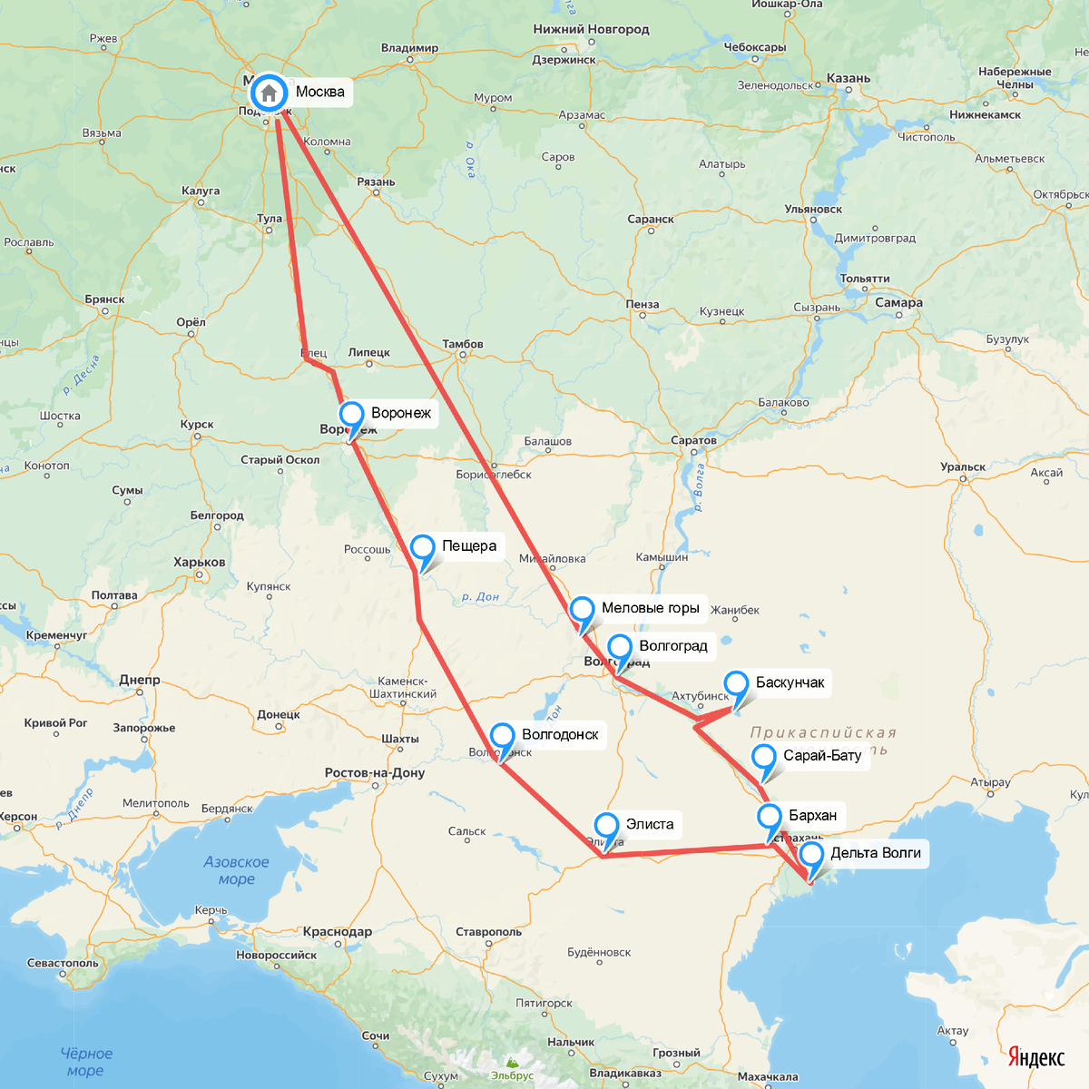 1. Меловые горы, Волгоградская область  
2. Мамаев курган и Родина Мать, г. Волгоград
3. Солёное озеро Баскунчак, Астраханская область
4. Сарай Бату и бархан Большой Брат, Астраханская область
5. Дельта Волги, Астраханская область
6. Золотая обитель Будды Шакьямуни, г. Элиста, Калмыкия
7. Цимлянское море, г. Волгодонск и Цимлянск, Ростовская область
И бонусом Пещерные храмы Воронежской области