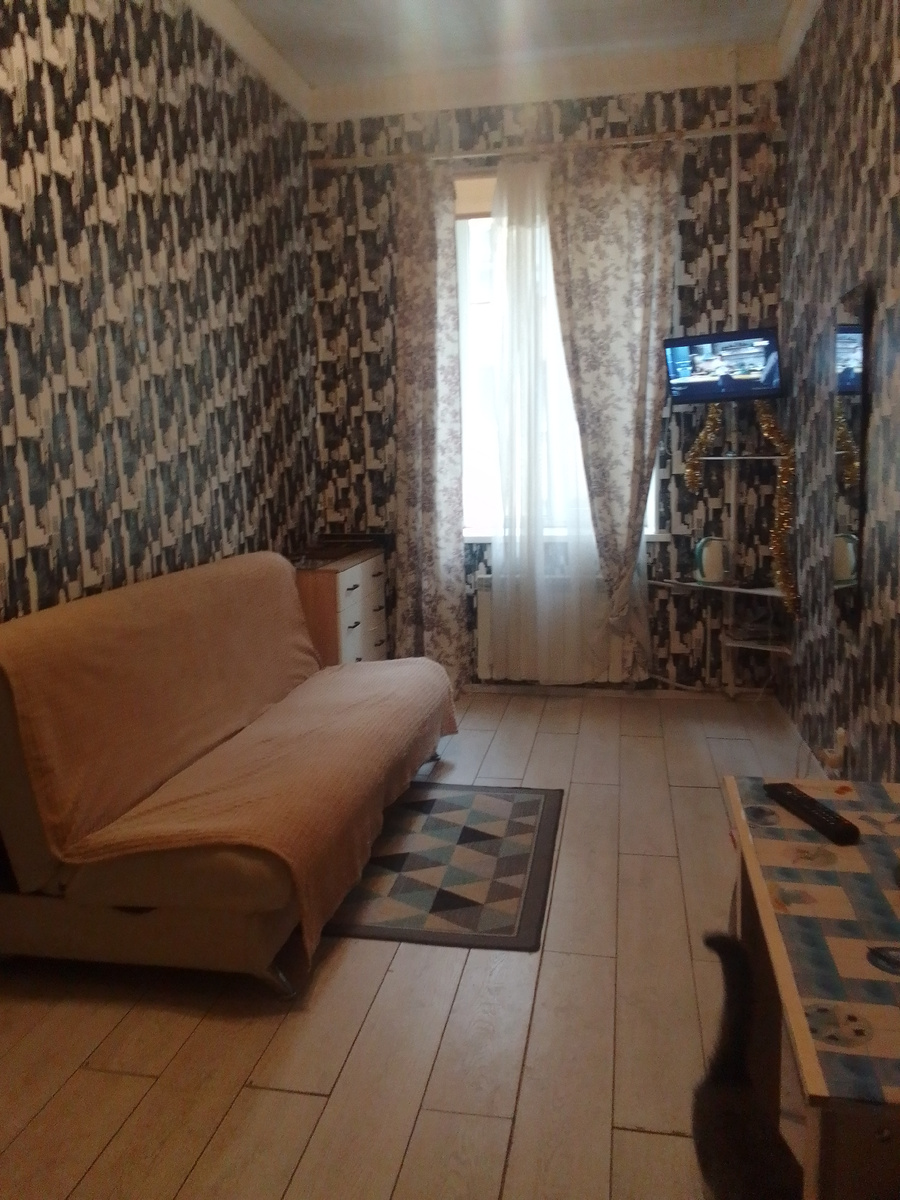 Тот самый несчастный диван. Здесь не видно обивки под пледом. Она осыпается местами.