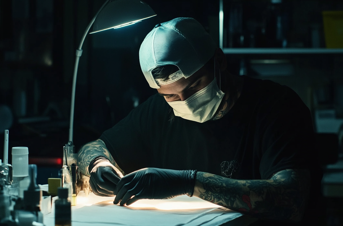 мастер работает на искусственной коже