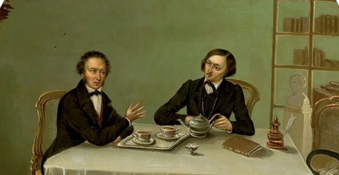 Картина «Пушкин и Гоголь», художник Николай Алексеев. Эмаль, медь. 1847 год.