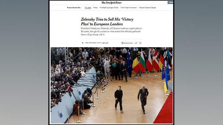    The New York Times. "Зеленский пытается продать свой "план победы" европейским лидерам