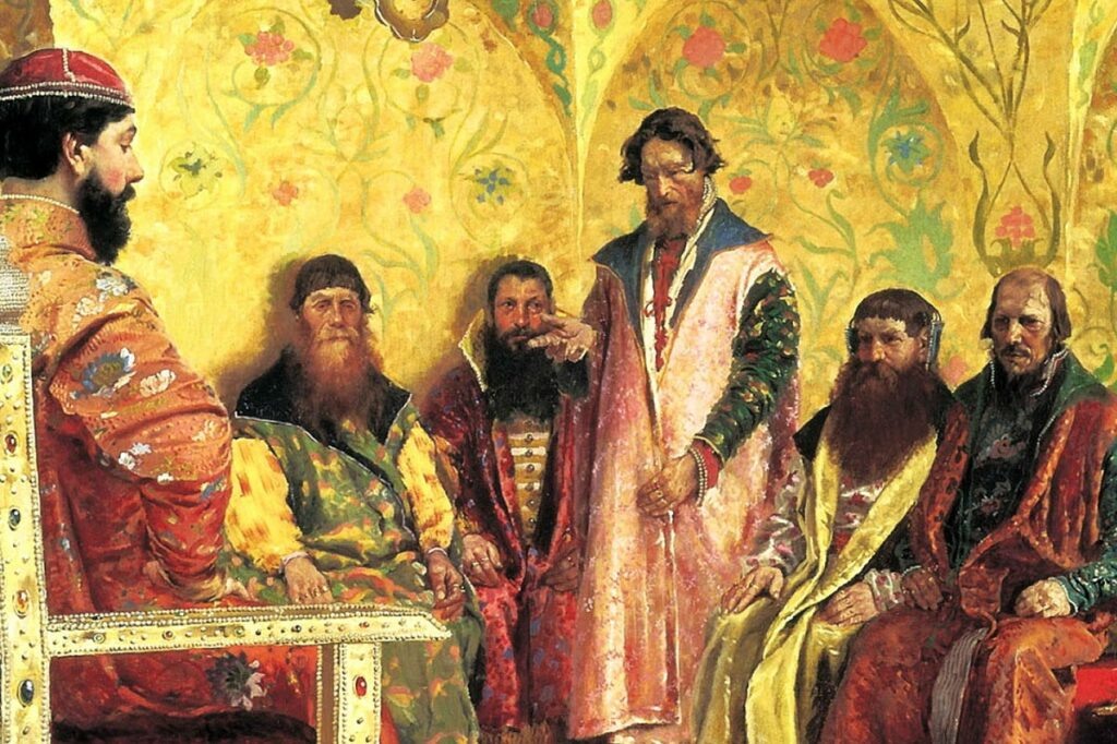 Сидение царя Михаила Федоровича с боярами в его государевой комнате (1893). Художник А.П. Рябушкин. Государственная Третьяковская галерея