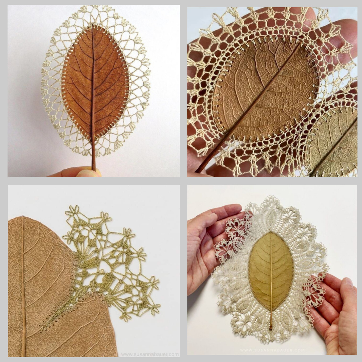 Нежные кружева на листьях - утонченная работа рукодельниц. 