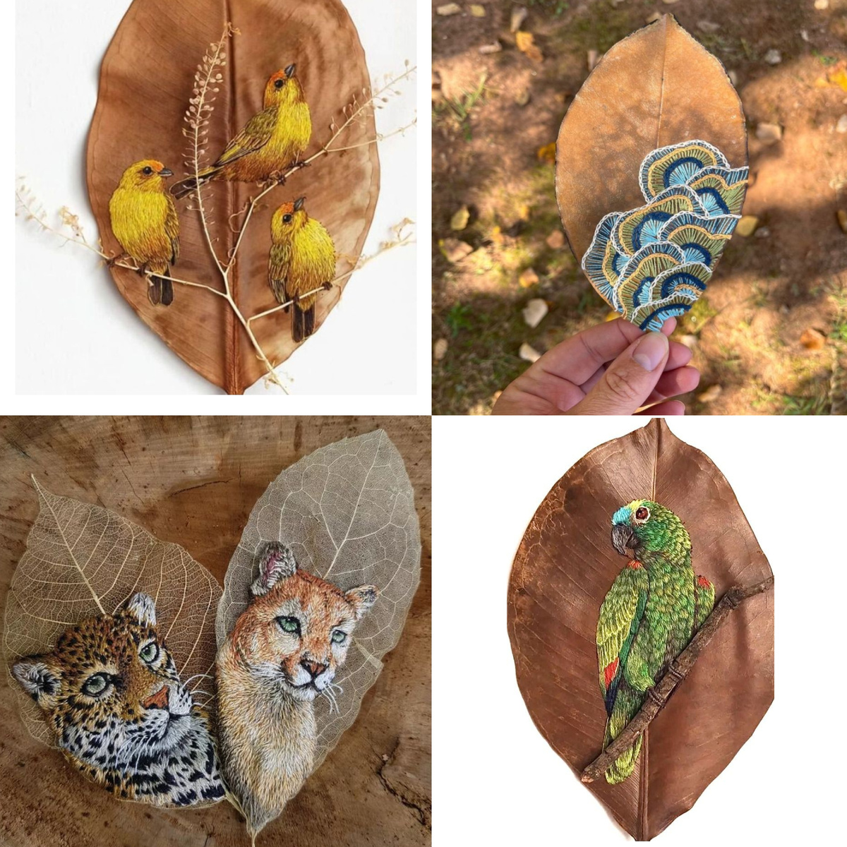 Выразительные работы на листьях - вышивка 