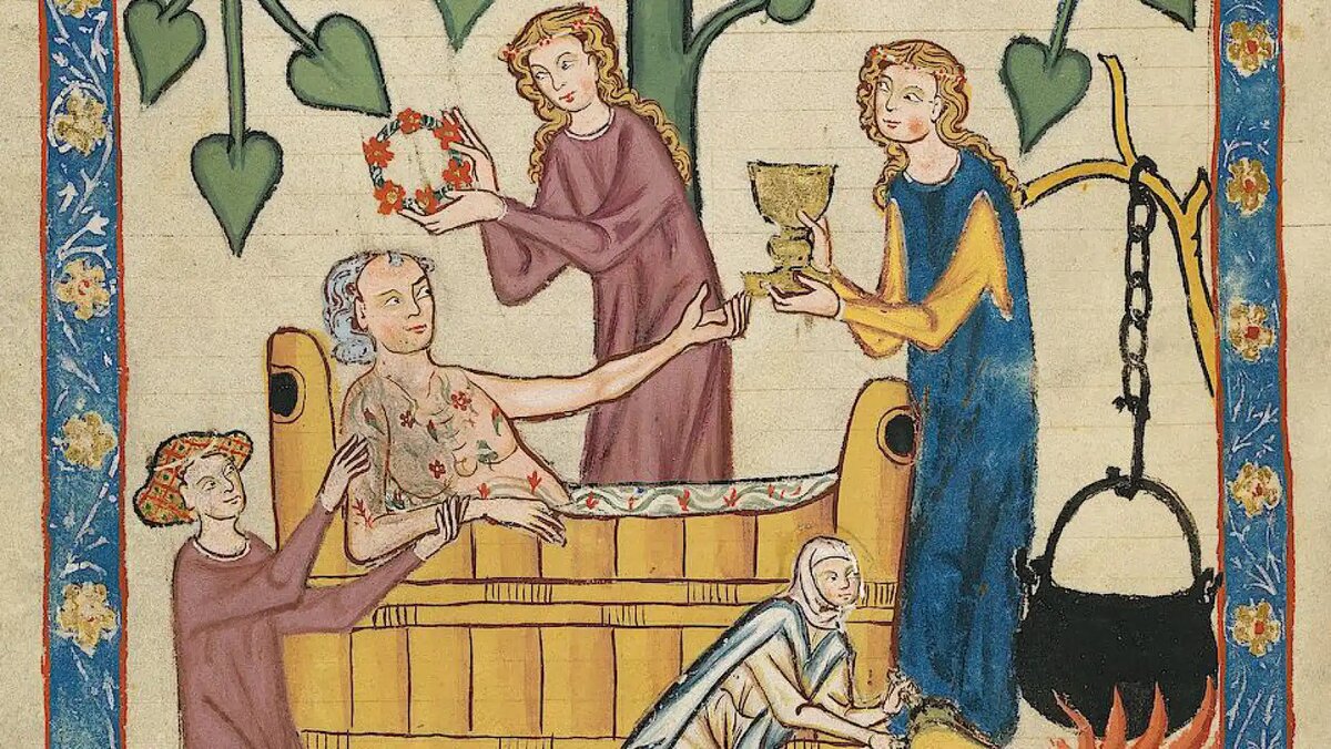 Изображение: средневековый дворянин принимает ванну в присутствии слуг / Codex Manesse, XIV век, Цюрих, Швейцария