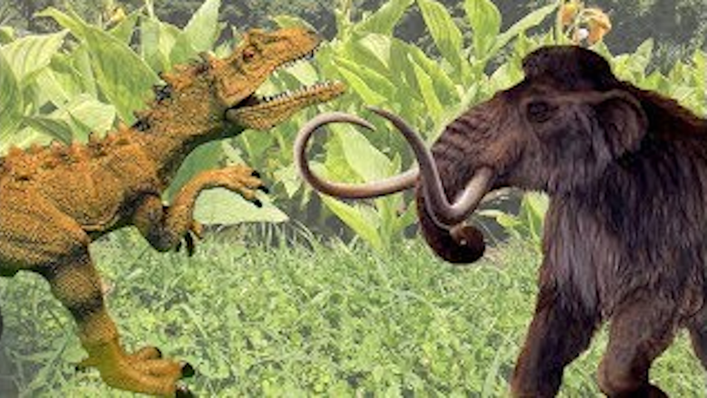 Тираннозавр и мамонт выясняют, кто более матери-палеонтологии ценен.