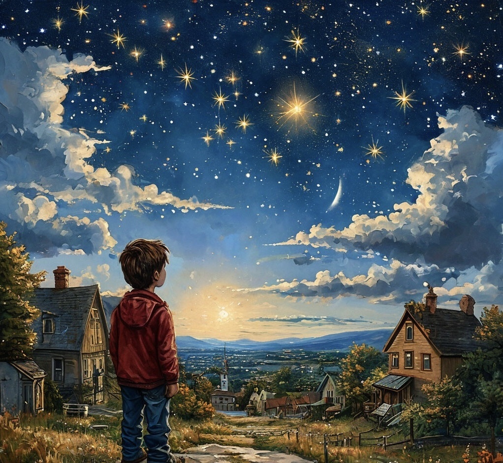 Утром он проснулся в волшебном лесу, где каждое дерево светилось как звезда .