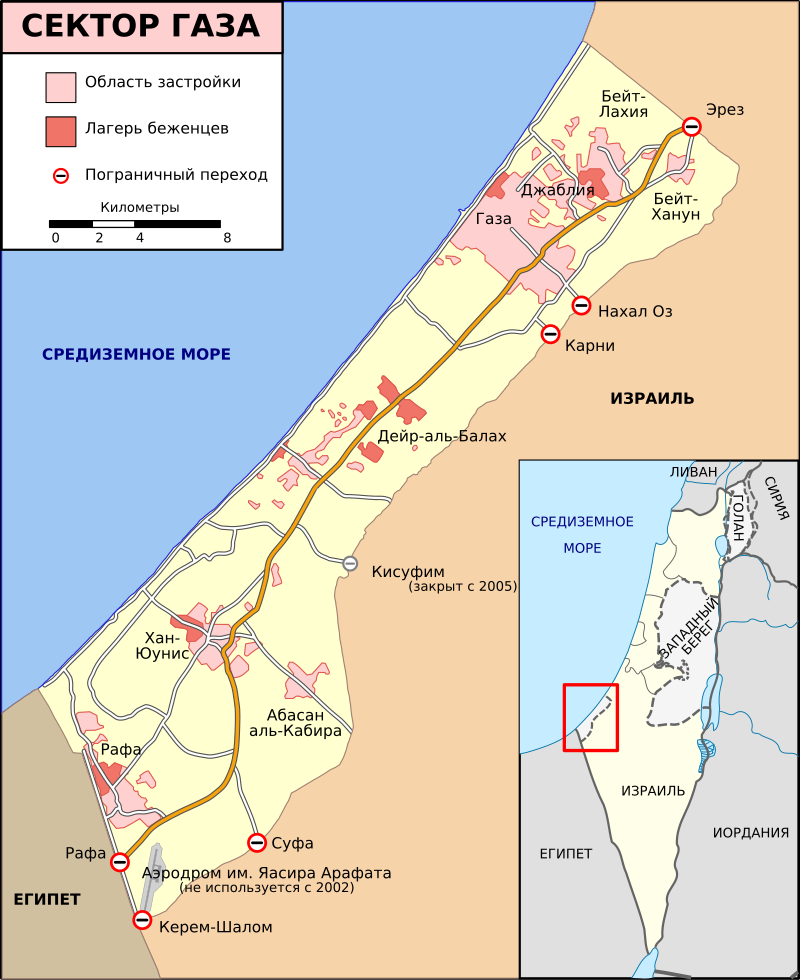 Карта сектора Газа. Юго-западная граница — Филадельфийский коридор