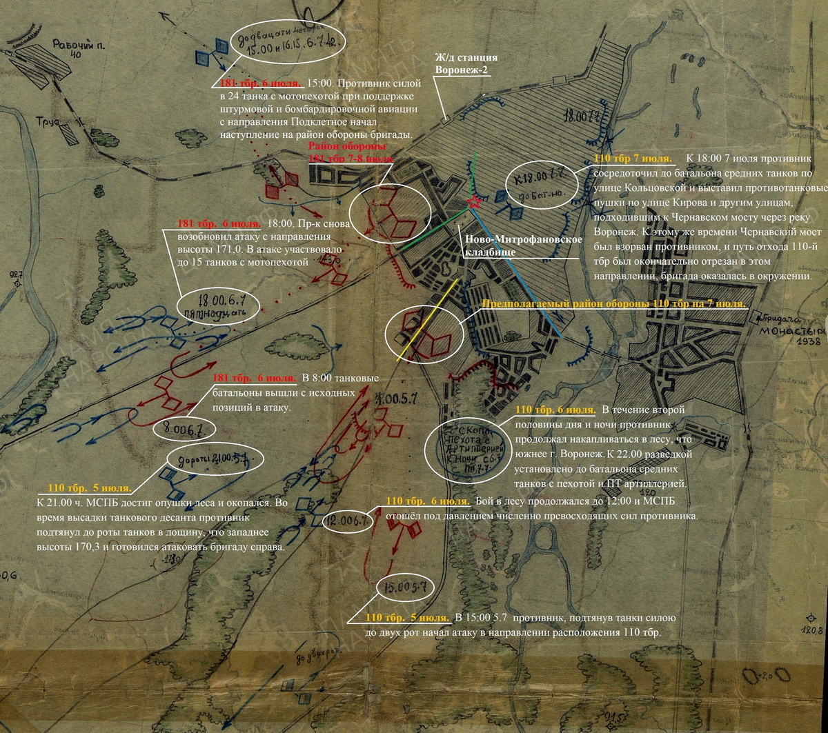  Схема боевых действий 110-й и 181-й тбр 5–7 июля 1942 года. Каждому отображённому на схеме эпизоду соответствуют цитаты из журналов боевых действий бригад. Зелёным цветом выделена улица Кольцовская, голубым — улица 20-летия Октября, жёлтым — улица Красноармейская. Звёздочкой отмечено место боя вечером 7 июля попавшей в засаду колонны танков 110-й тбр