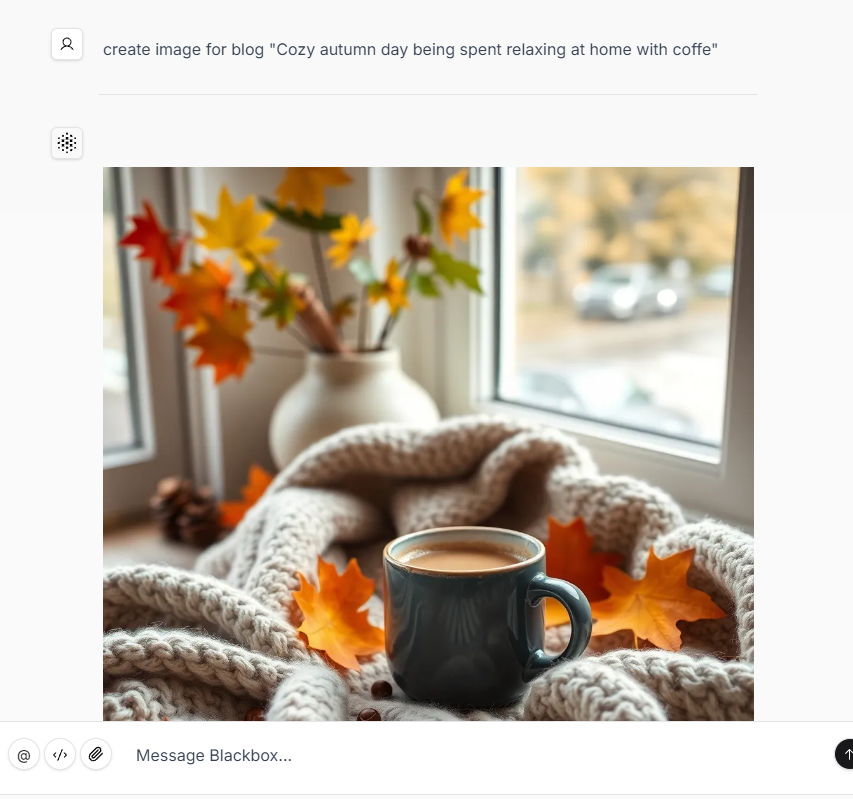 пример работы с Blackbox, не нужна регистрация, обычный промт и изображение в течение 15-30 секунд готово