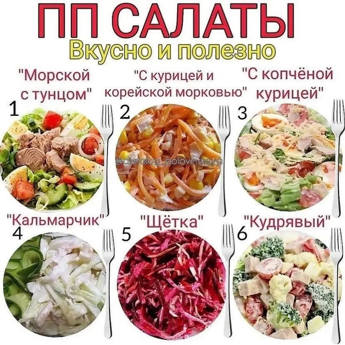 Рецепты:
1. Салат с тунцом🥗

Консервированный тунец в собственном соку 150 г
Помидоры черри 100 г
Смесь салатных листьев по вкусу
Яйцо куриное 2 штуки
Бальзамический уксус 1 чайная ложка

2. Салат с курицей и корейской морковью. 🥗

Филе куриное (грудка) - 0,5 шт.
Шампиньоны маленькие - 6-7 шт.
Лук репчатый (мелкий) - 1 шт.
Морковь корейская - 50 г
Яйца - 2 шт.
Сыр твердый - 30 г
Натуральный йогурт термостатный (сметана) - 2-3 ст. л.
Соль - по вкусу
Перец черный молотый - по вкусу

3. Салат с копчёной курицей. 🥗

Продукты (на 8 порций)
Грудка куриная копчёная - 200 г
Кукуруза консервированная - 1 банка (325 г)
Сыр твердый - 150 г
Огурцы - 2 шт. (150 г)
Морковь - 1 шт.
Натуральный йогурт (сметана) - 100 г (по вкусу)
Соль - по вкусу
Перец черный молотый - по вкусу

4. Салат «Кальмарчик». 🥗

Продукты (на 4 порции)
Филе кальмара - 500 г
Сыр плавленный («Дружба») - 200 г
Яйца отварные - 3 шт.
Чеснок - 4-5 зубков
Натуральный йогурт (сметана) - 130 г
Огурцы свежие - 1-2 шт.

5. Салат щётка. 🥗

Свекла - 1шт 
Морковь - 2шт  🥕 
Капуста белокочанная -  300 гр 🥬 
Оливковое масло -  2 ст. ложки
Лимонный сок - 1 ч. ложка
Соль, перец по вкусу.

6. Салат куриный с цветной капустой. «Кудрявый» 🥗

Продукты (на 4 порции)
Куриное филе - 300 г
Помидоры - 370 г 🍅 
Капуста цветная - 270 г
Сыр твёрдый - 80 г 🧀 
Натуральный йогурт (сметана) - 1-2 ст. ложки 🍦 
Чеснок - 1 зубчик 🧄 
Соль - по вкусу
Перец чёрный молотый - по вкусу 🌶️ 
Петрушка свежая для украшения - 2-3 веточки. 🌿