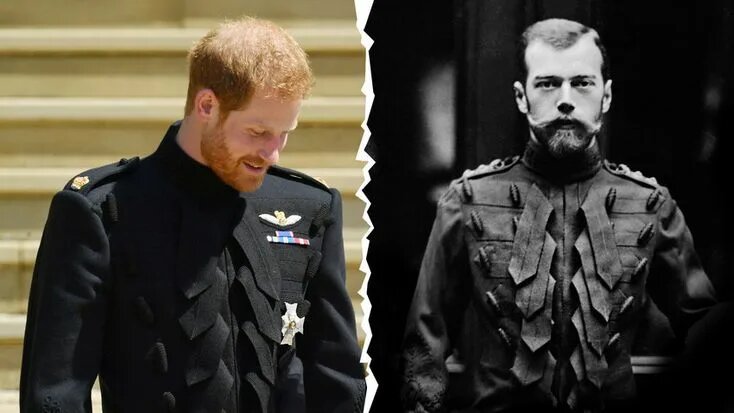 Принц Гарри, герцог Сассекский, и император Всероссийский, царь Польский и великий князь Финляндский Николай II. Оба - в парадной форме Королевского полка Шотландских драгун («Royal Regiment of Scots Dragoons"). Элементы одежды наподобие концов галстуков - имитация чешуек дракона. 