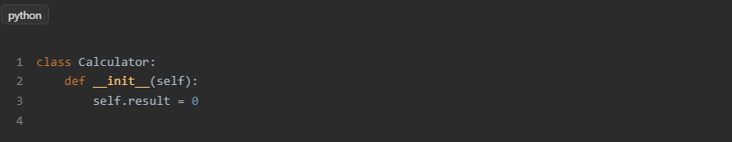 __init__: это конструктор, который автоматически вызывается при создании объекта класса Calculator. Он инициализирует атрибут result, который будет хранить текущий результат вычислений.