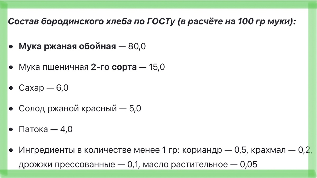 Состав бородинского хлеба по ГОСТу