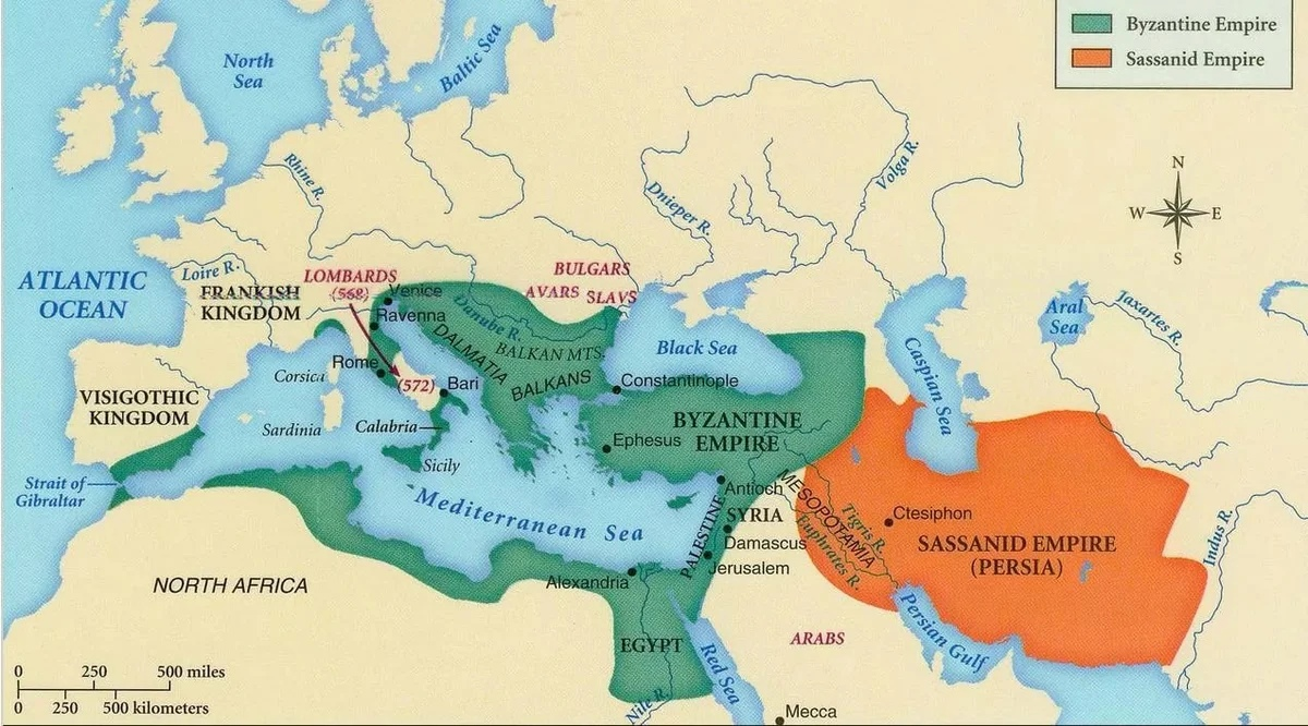 Восточно-Римская империя (Крым почему-то забыли покрасить в ромейские цвета) и Иран эпохи Сасанидов