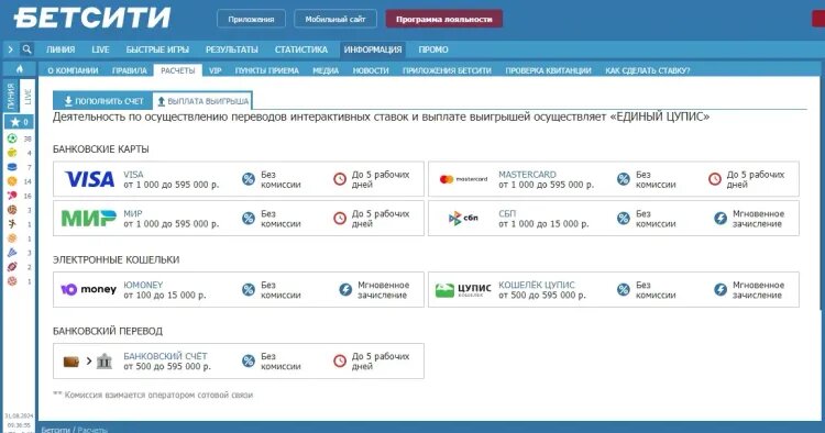    Способы вывода средств в «Бетсити»