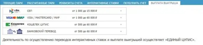    Раздел «Выплата выигрыша» в «Бетсити»